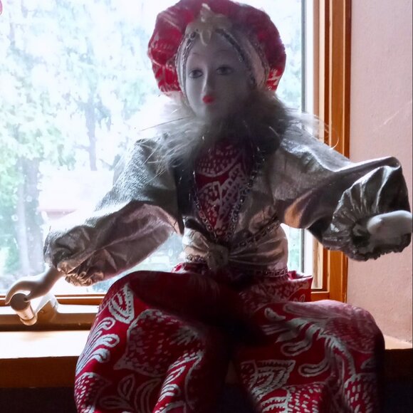 Vintage Pierrot Clown Doll Porcelain head arms feet Red & Silver Metallic Outfit - Picture 6 of 10